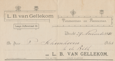 716233 Kop van een nota van L.B. van Gellekom, Timmerman en Aannemer, Lange Jufferstraat 32 te Utrecht.